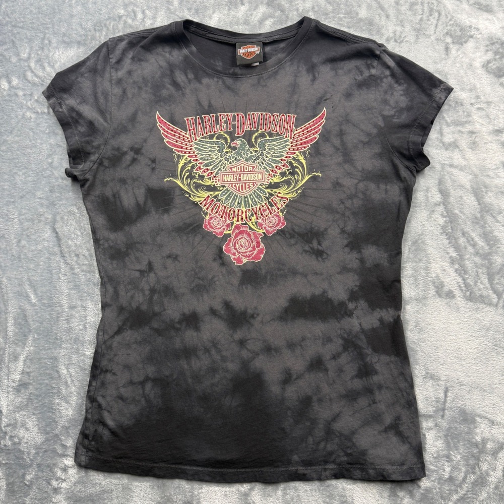 Y2K 2000s Harley Davidson Graphic Tee Tie Dye Black XL Rhinestone Eagle Rose